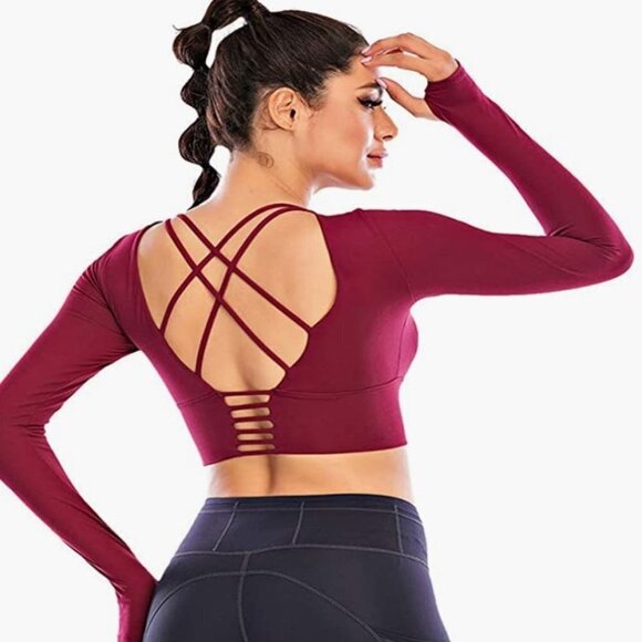 Long Sleeve Sport Crop Top, Strappy Fitness Shirt with Thumb Hole, Small - Picture 1 of 7